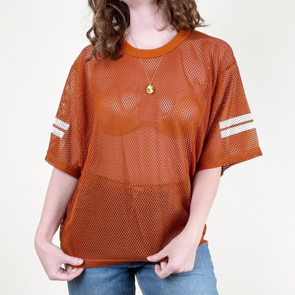 Vintage 1970s Football Jersey Mesh Semi Sheer Oversized Boyfriend T-Shirt Sporty - Picture 4 of 9